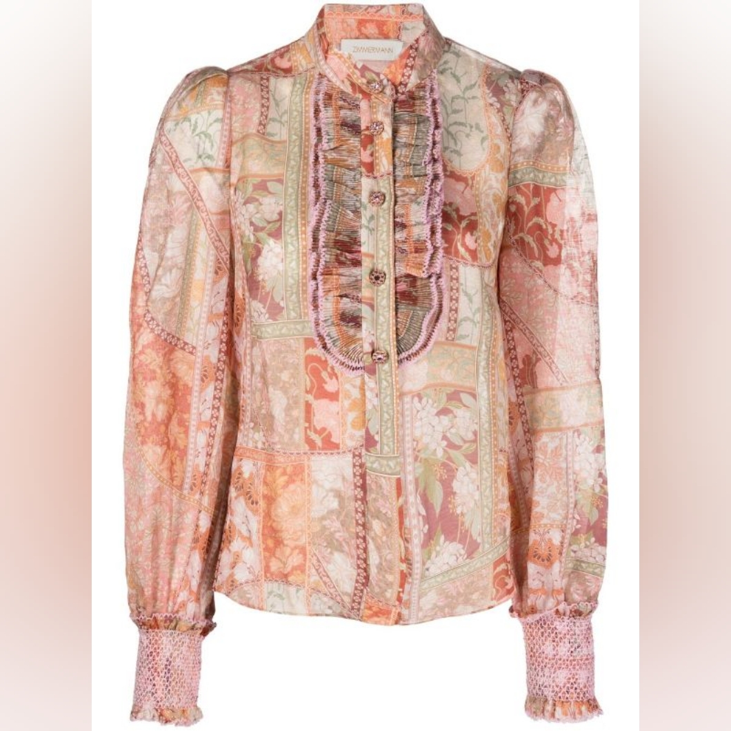 Zimmermann Kaleidoscope Tuxedo Linen Silk Blouse In Red Swirl Floral 0